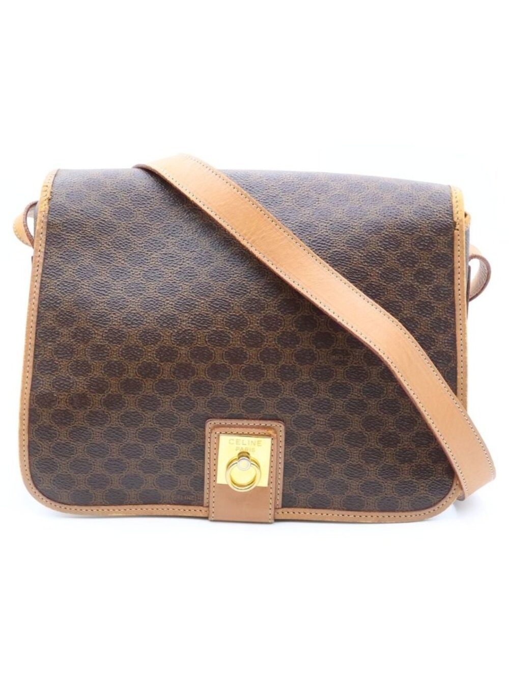 Celine Macadam PV Leather Shoulder Bag Gold Brown